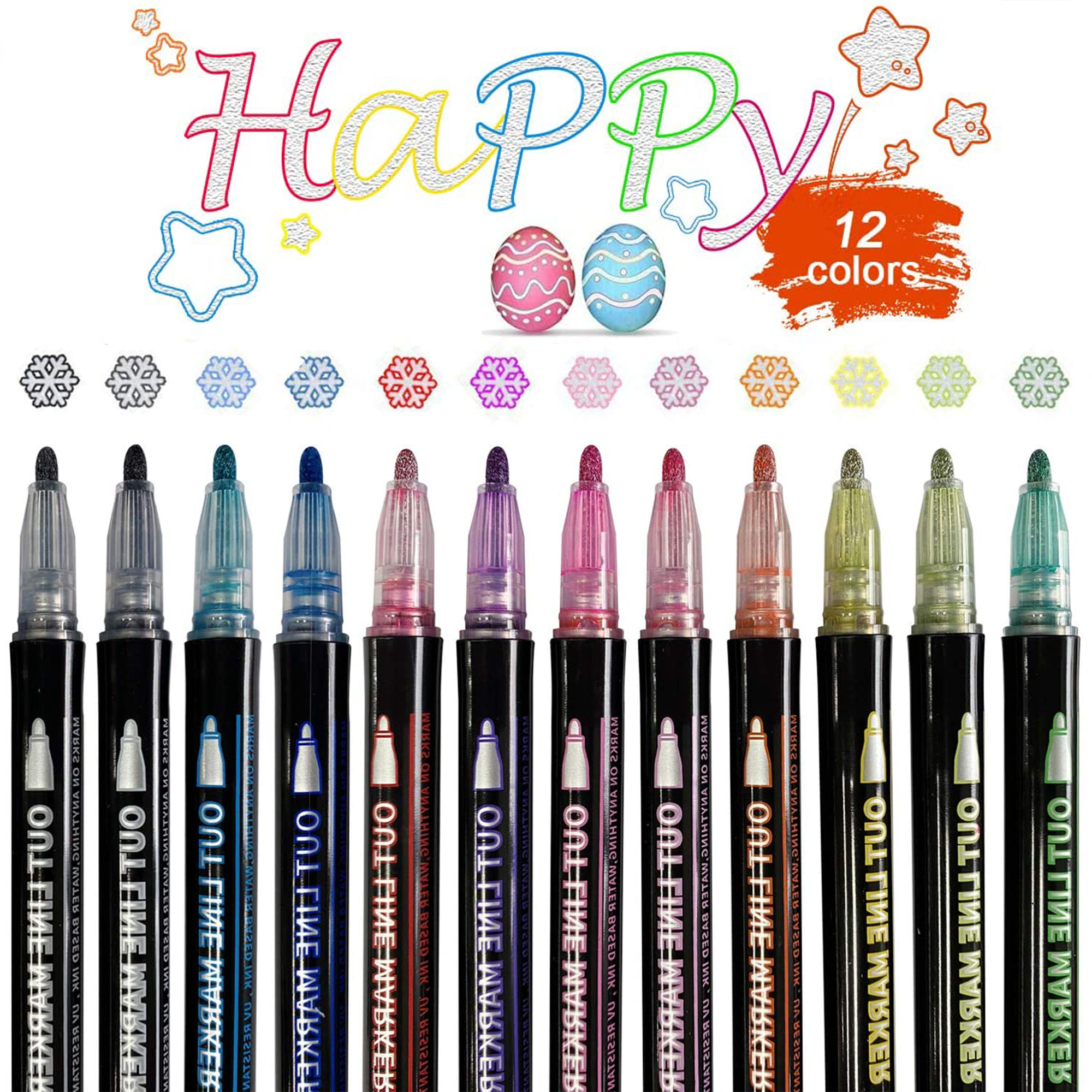 12 Colors Shimmer Outline Markers, Double Line Metallic Pen Set